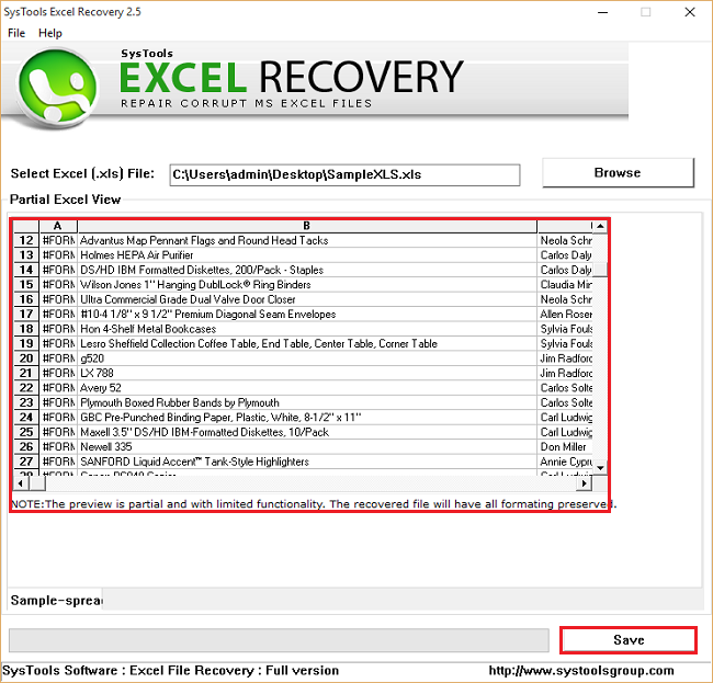 preview repaired xls file data